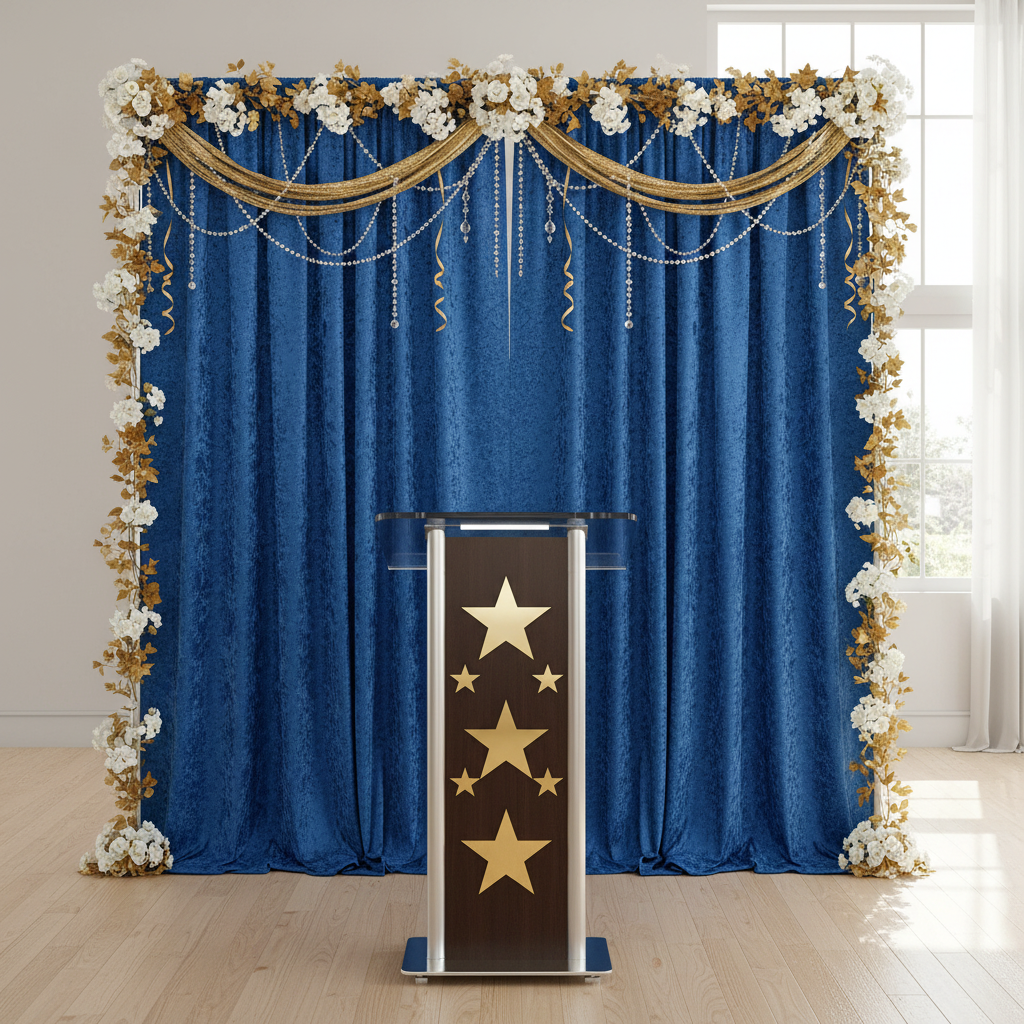 Velvet 10ft H x 52" W Drape/Backdrop Curtain Panel - Royal Blue in Awarding Ceremony Reception.