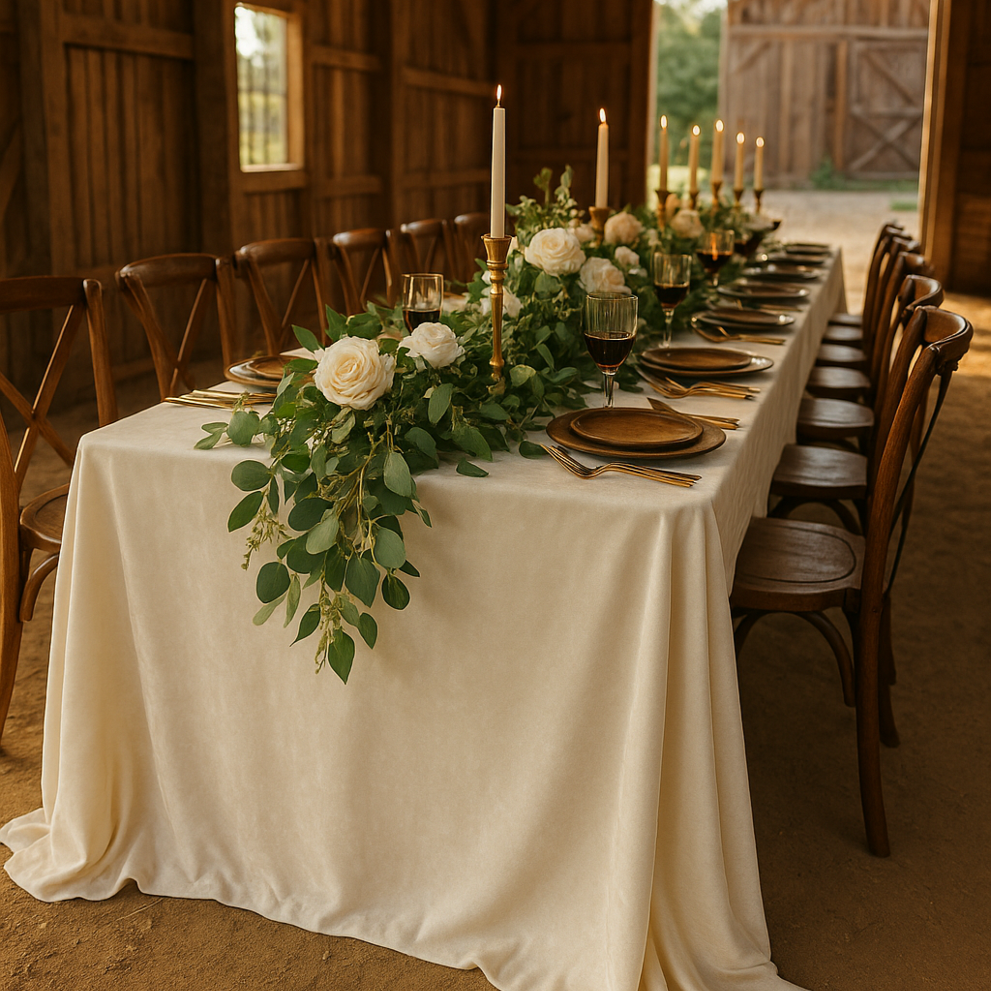 Decorative rustic tablescape of ivory velvet tablecloth setup with flowers, greenery, a cocktail glass, and tapered candles.