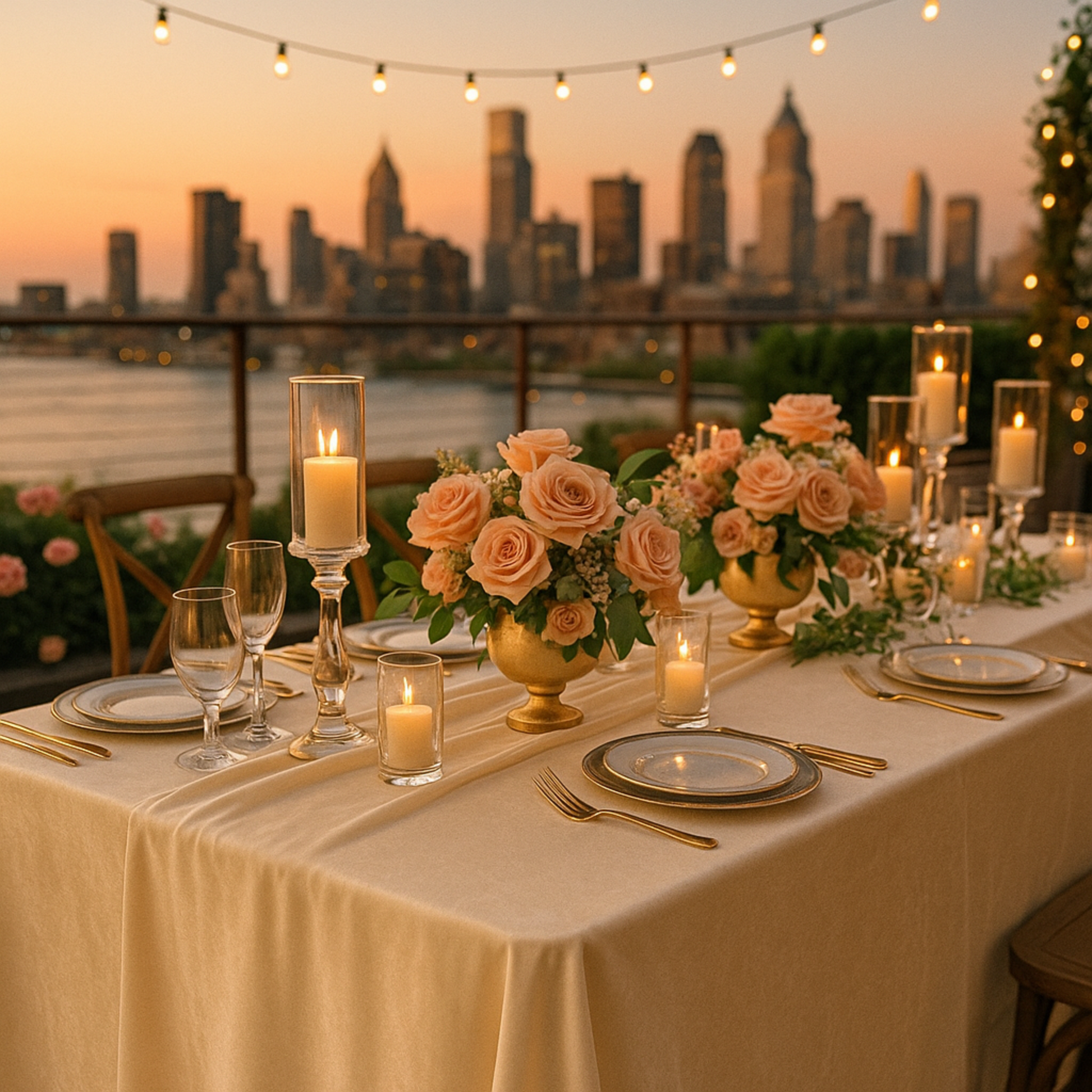 Decorative city view tablescape of ivory velvet tablecloth setup with flowers, dinnerware, a cocktail glass, and pillar candles.
