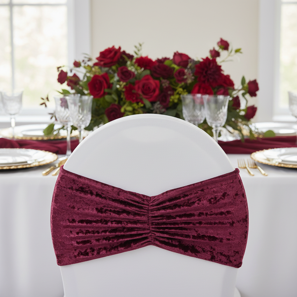 Velvet Ruffle Stretch Chair Band - Burgundy.