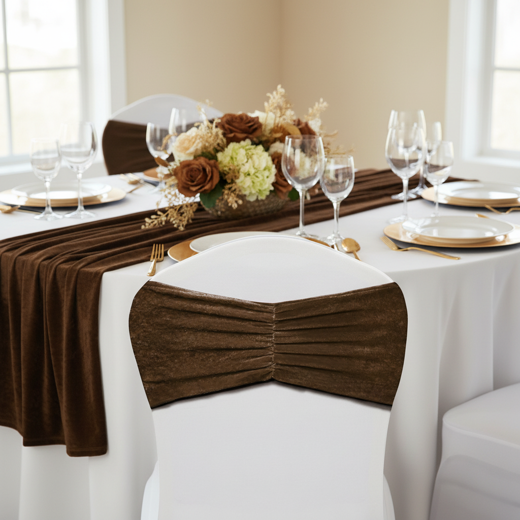 Velvet Ruffle Stretch Chair Band - Chocolate Brown.