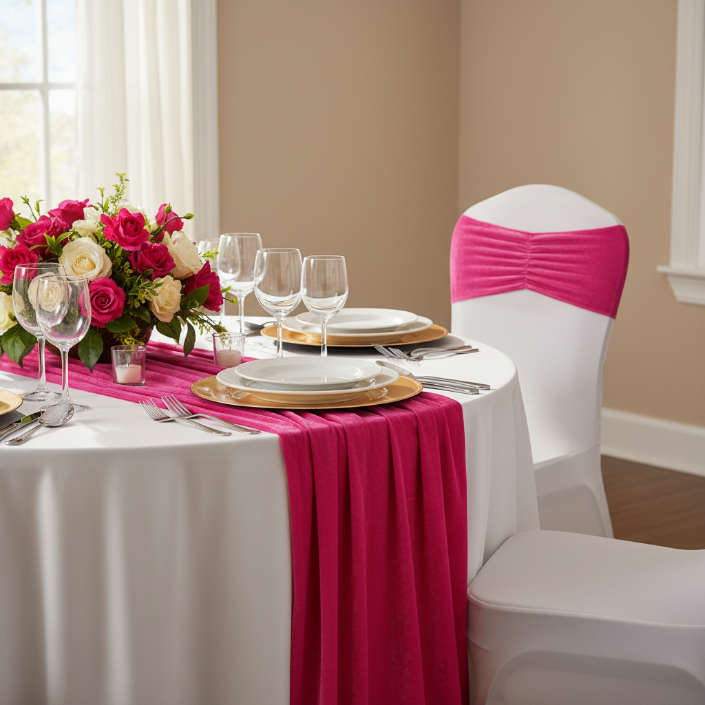 Velvet Ruffle Stretch Chair Band - Fuchsia.