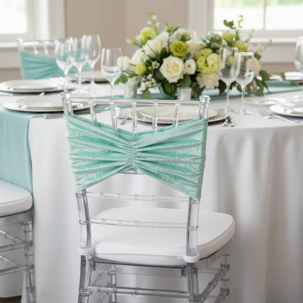 Velvet Ruffle Stretch Chair Band - Light Turquoise.