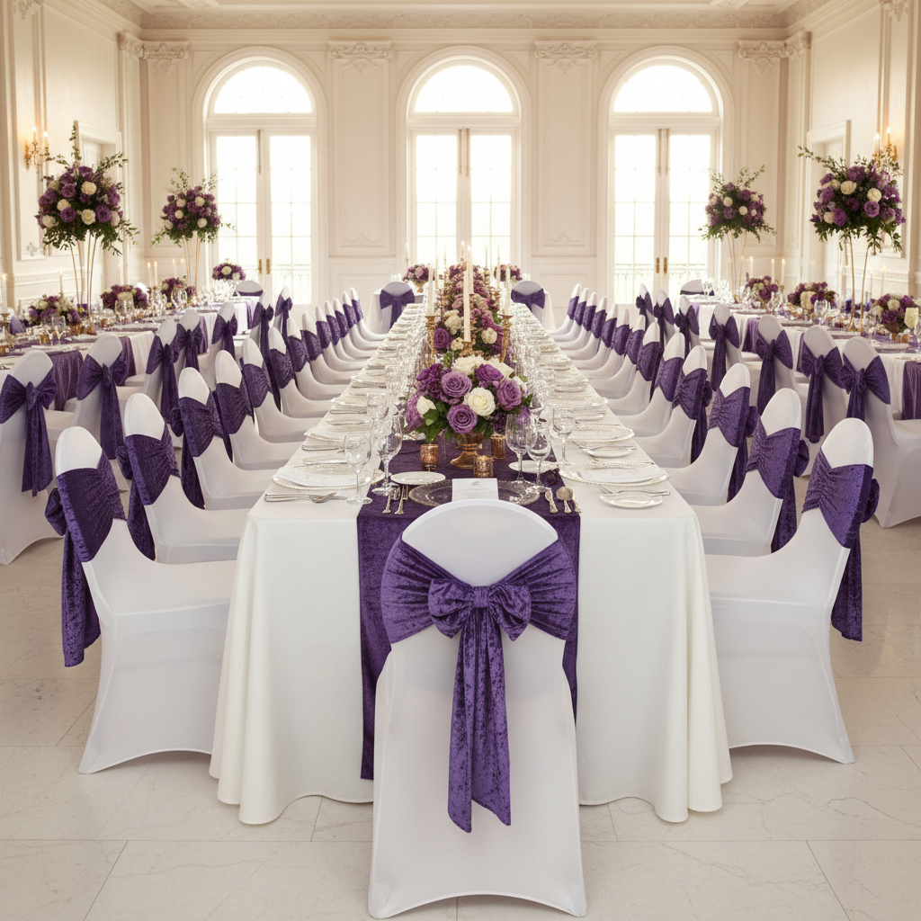 Velvet Ruffle Stretch Chair Band - Purple.