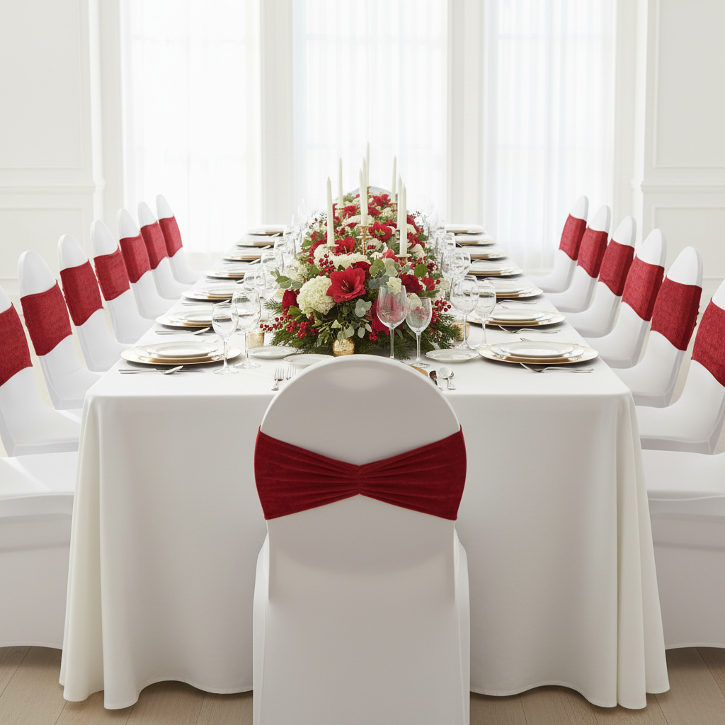 Velvet Ruffle Stretch Chair Band - Red in Indoor Reception.