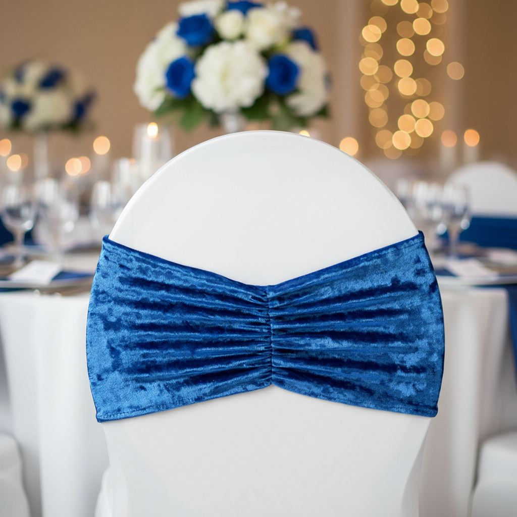 Velvet Ruffle Stretch Chair Band - Royal Blue in Birthday Reception.
