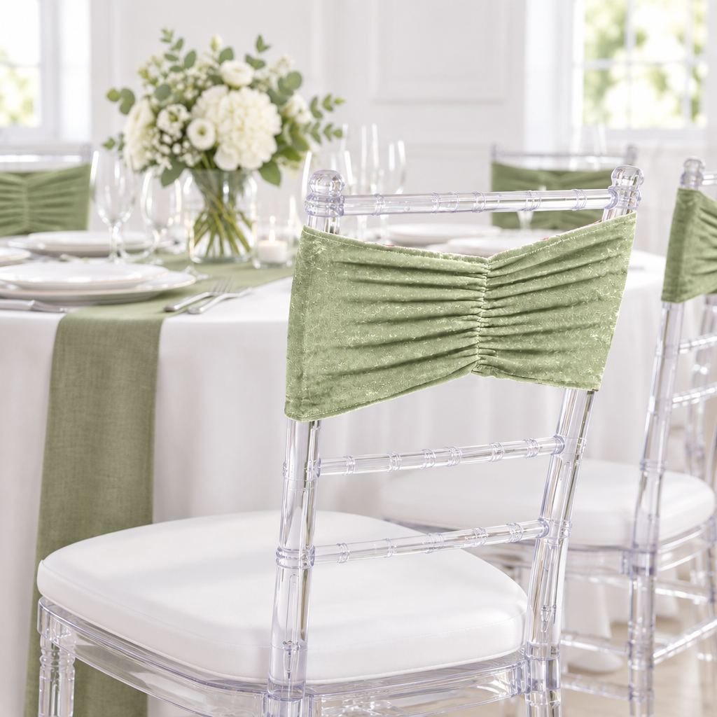 Velvet Ruffle Stretch Chair Band - Sage Green.