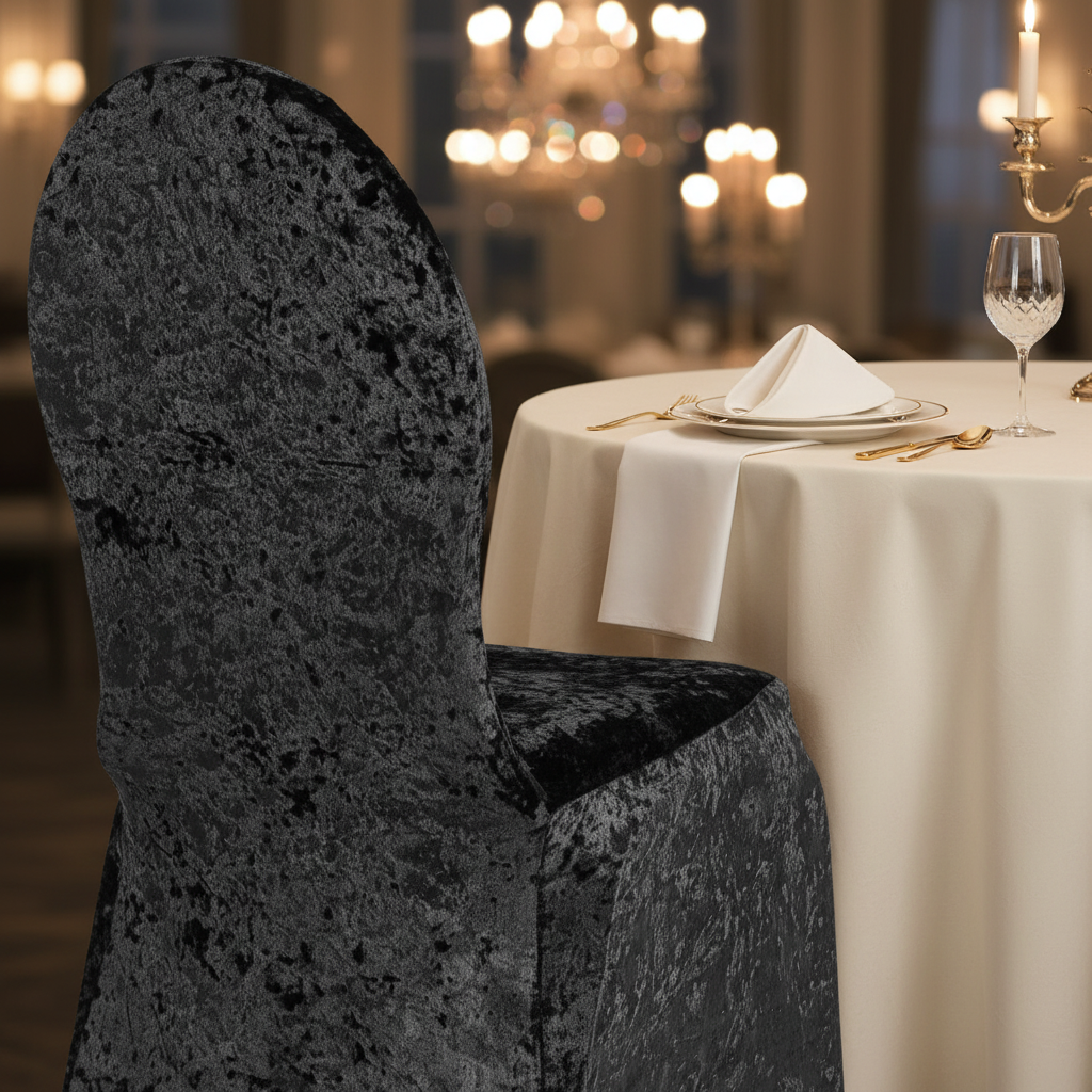Velvet Stretch Spandex Banquet Chair Cover - Black in a Luxurious Dining Reception.