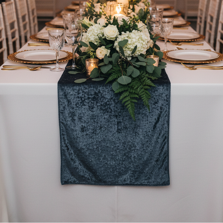Velvet Table Runner - Dark Slate Blue Flat Event Setting