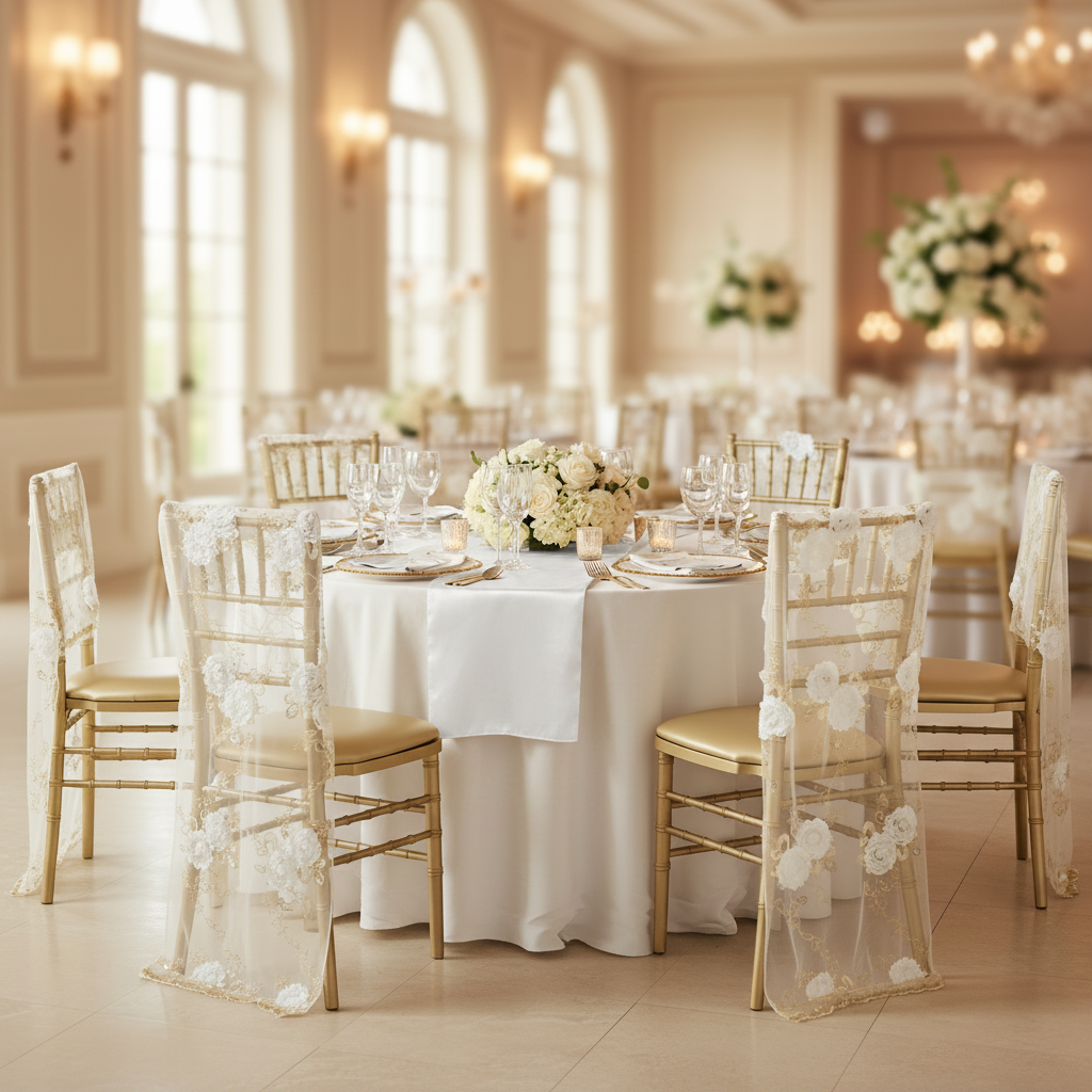 Vintage Veil Chiavari Chair Full Back Cover - Gold & Ivory.