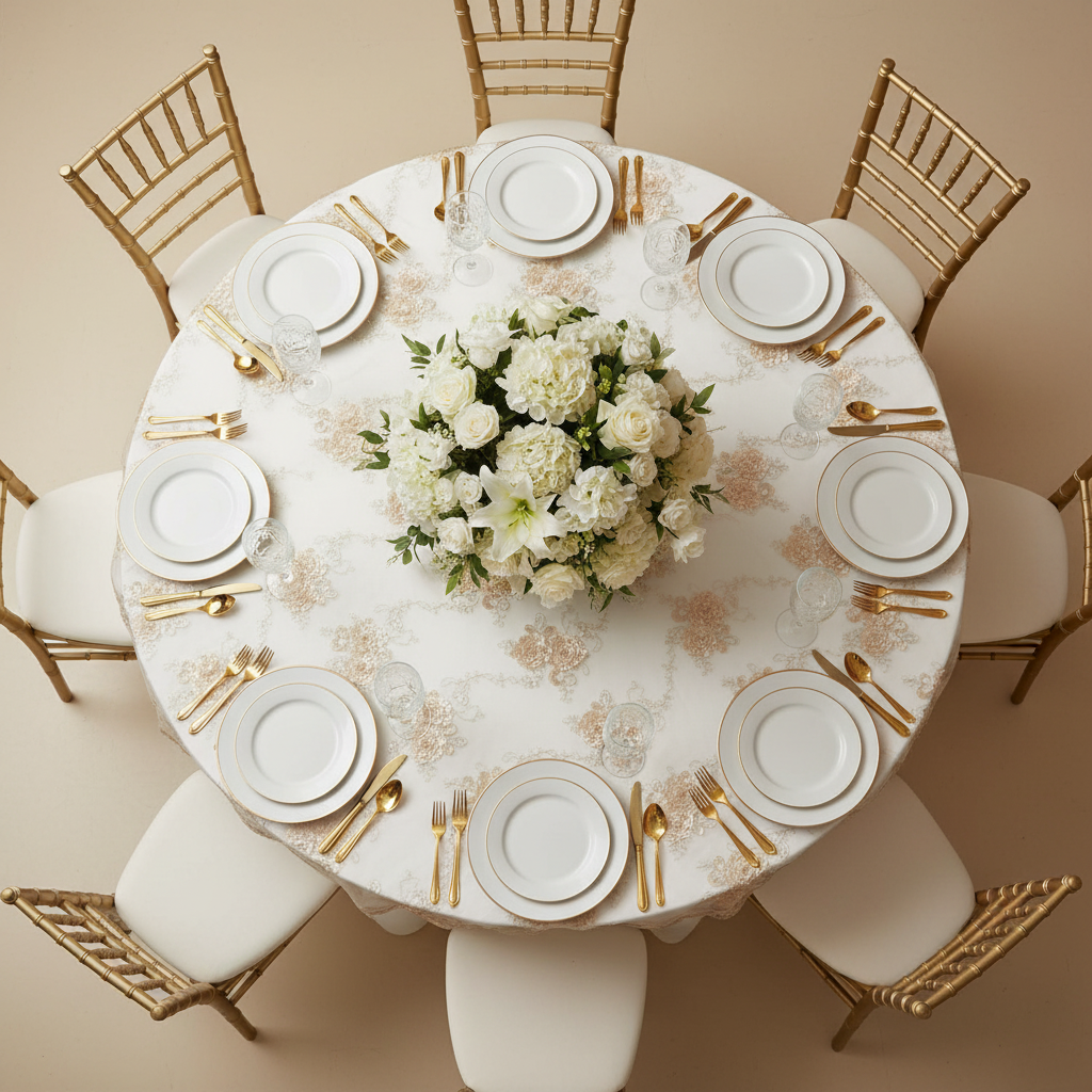 Vintage Veil Embroidery 90"x90" Square Table Overlay Topper - Champagne with Chiavari Chairs Gold.