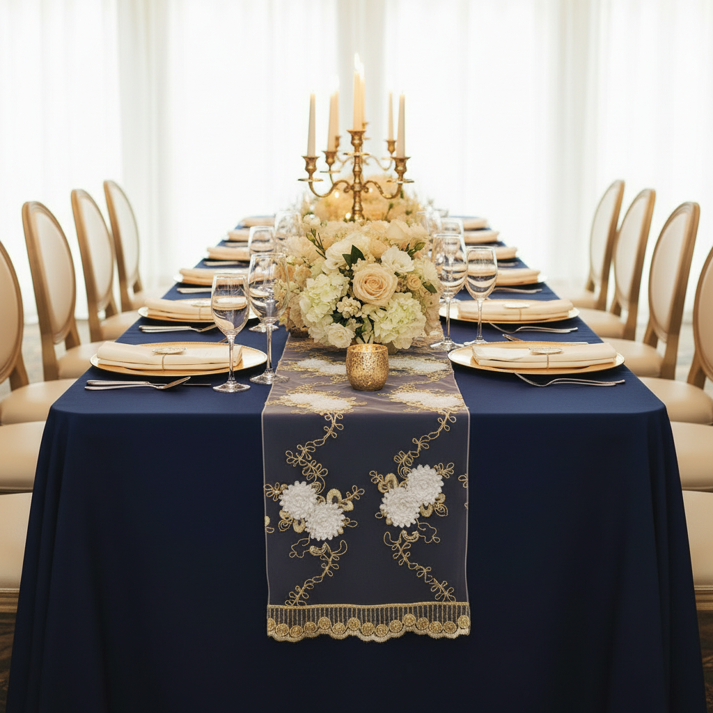 Vintage Veil Embroidery Table Runner - Gold/Ivory on Dark Tablecloth Bright Setting