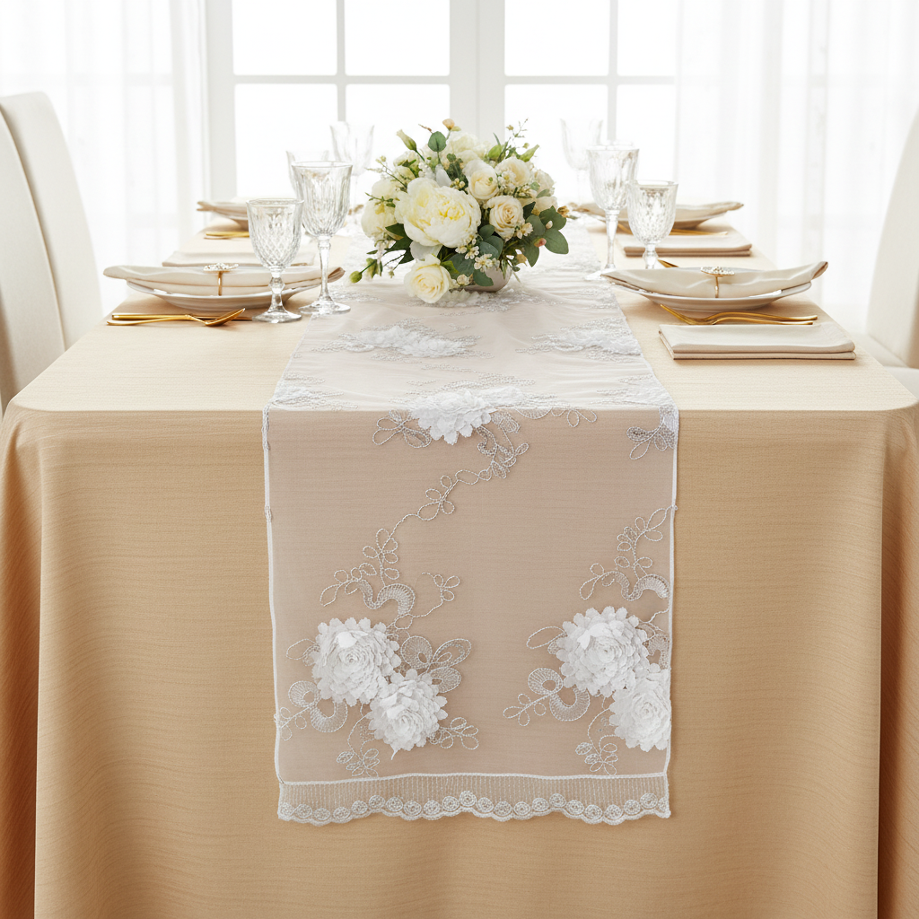 Vintage Veil Embroidery Table Runner - White Sheer Plain Edges