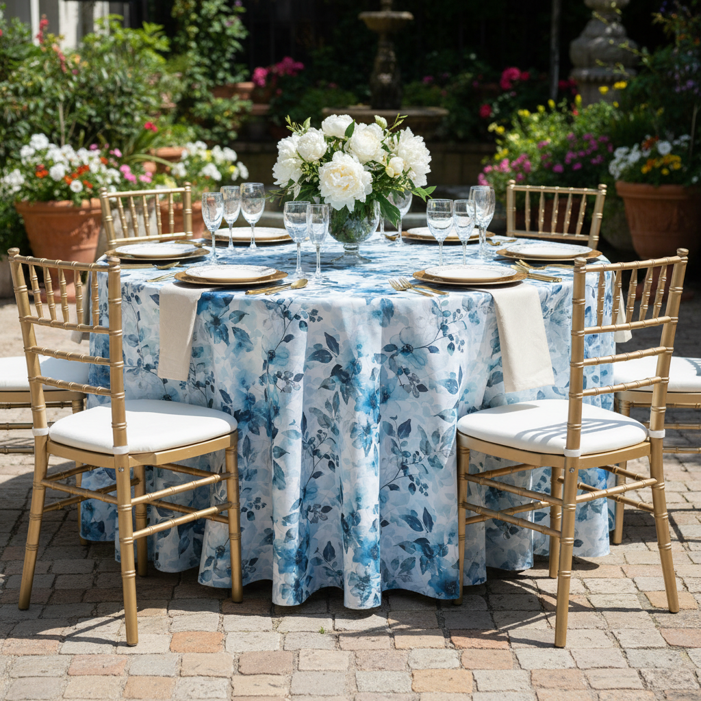 Watercolor Blue Tablecloth - Gold Garden Party