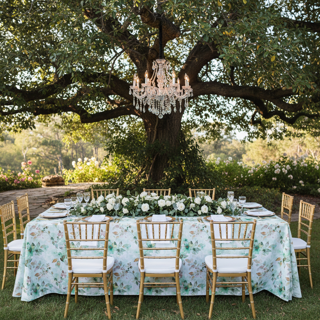 Watercolor Green Rectangular - Outdoor Tree with Chandelier