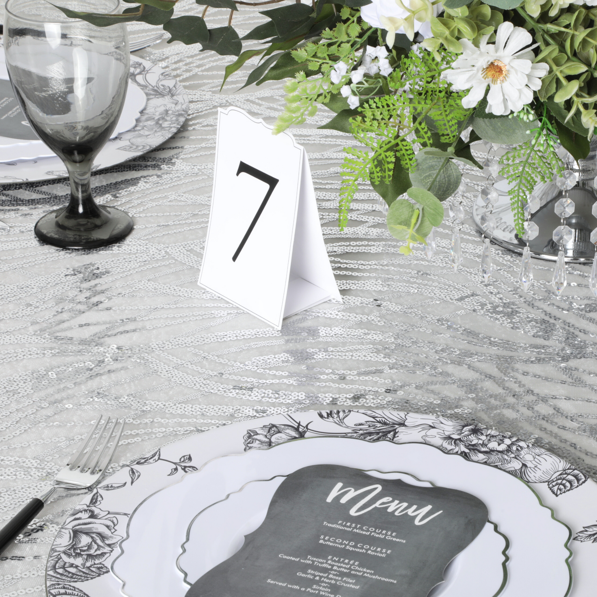 Wave Sequin Mesh Tablecloth 120" Round - Silver