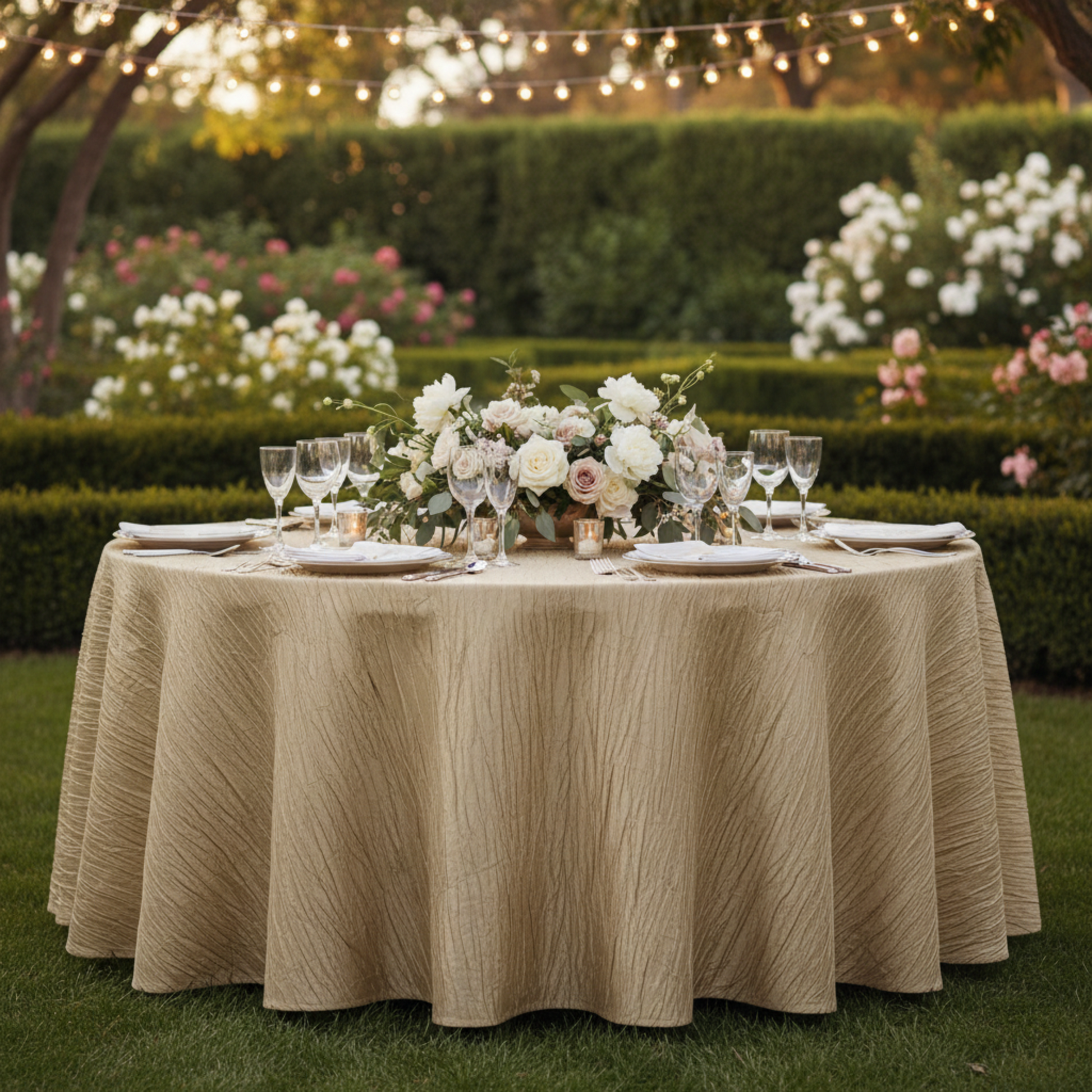Wedding Reception with 132 Round Accordion Crinkle Taffeta Champagne Tablecloth