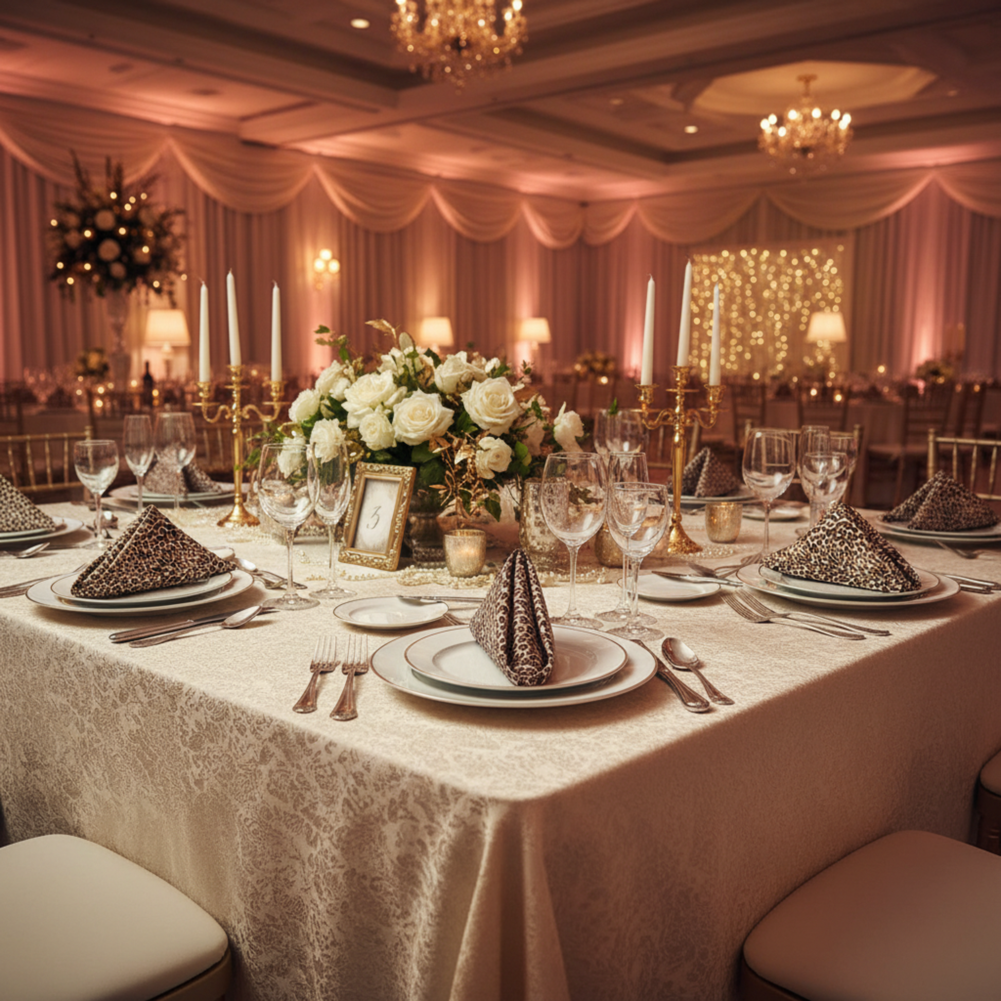 Wedding reception banquet hall with leopard print napkin