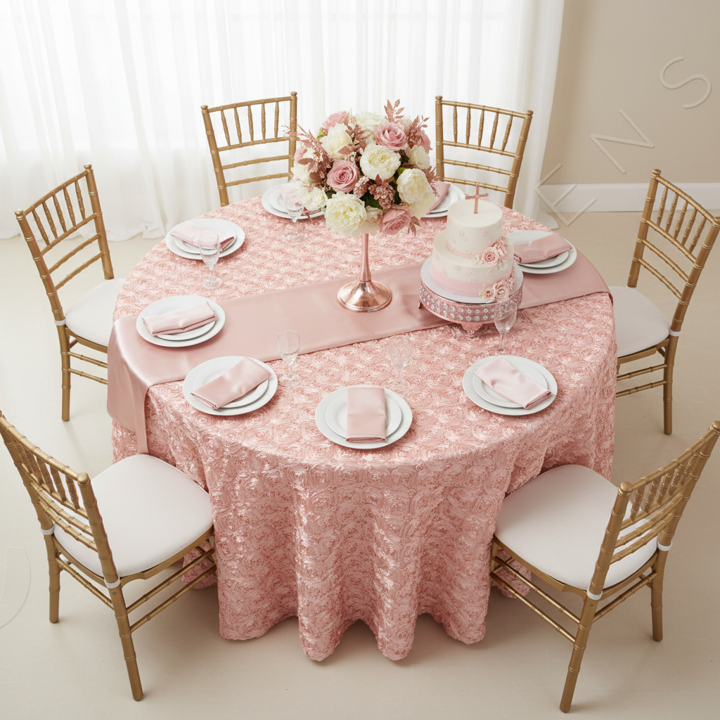 Wedding Rosette Satin 120" Round Tablecloth - Blush/Rose Gold.