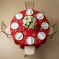 Wedding Rosette SATIN 120" Round Tablecloth - Red with Chiavari Gold Chairs in Bird's Eye View Point.