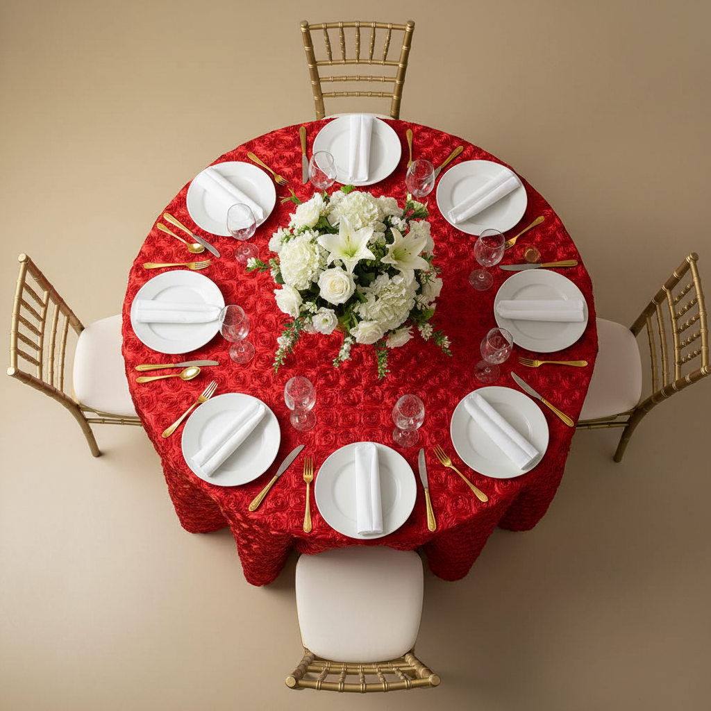 Wedding Rosette SATIN 120" Round Tablecloth - Red with Chiavari Gold Chairs in Bird's Eye View Point.