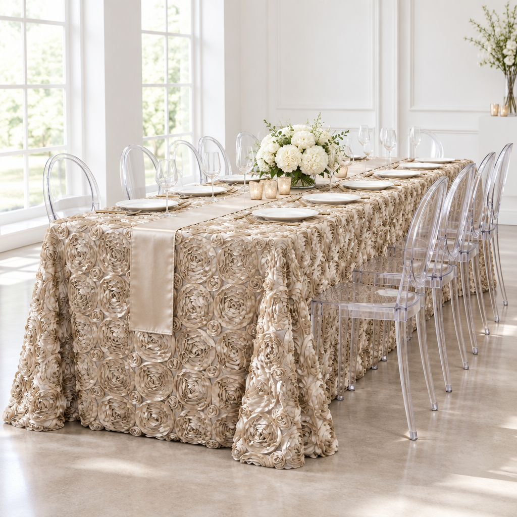 Wedding Rosette Satin 90"x156" rectangular Tablecloth - Champagne.