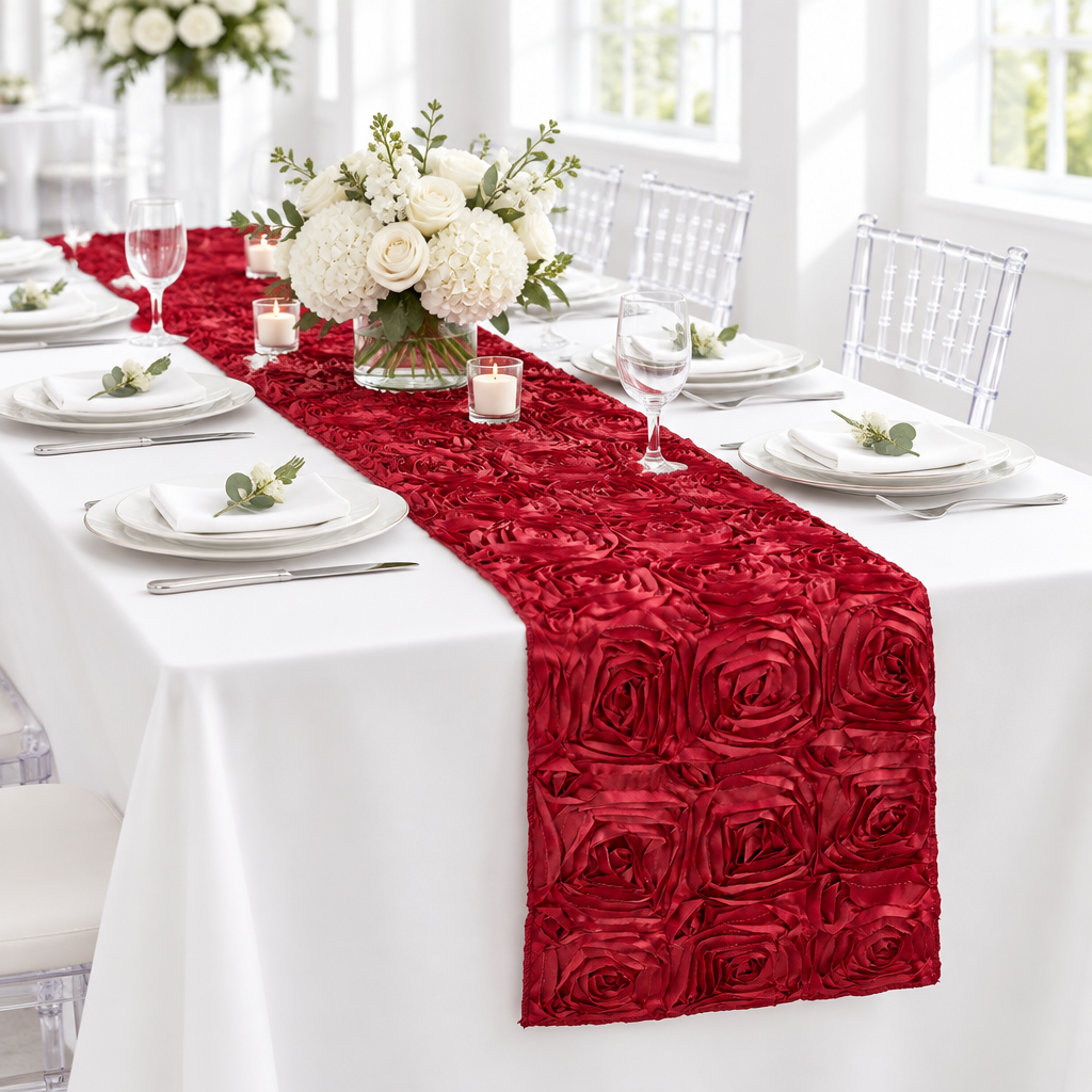 Wedding Rosette Satin Table Runner - Apple Red.