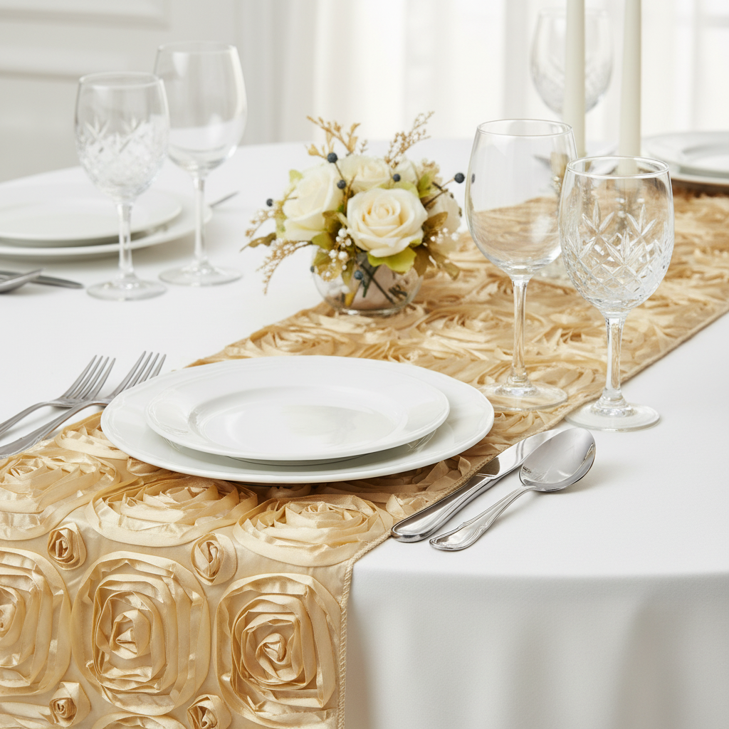 Wedding Rosette Satin Table Runner - Gold.