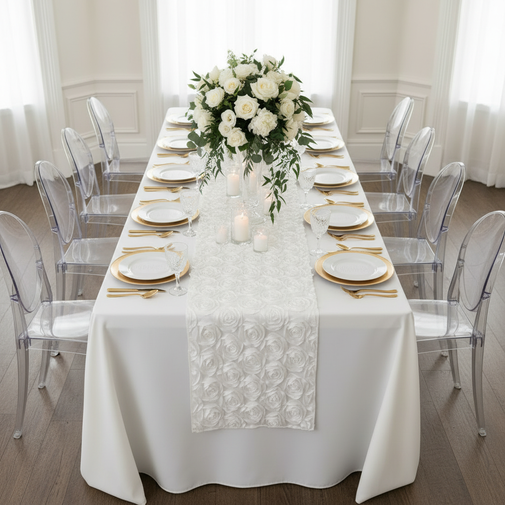 Wedding Rosette Satin Table Runner - White.