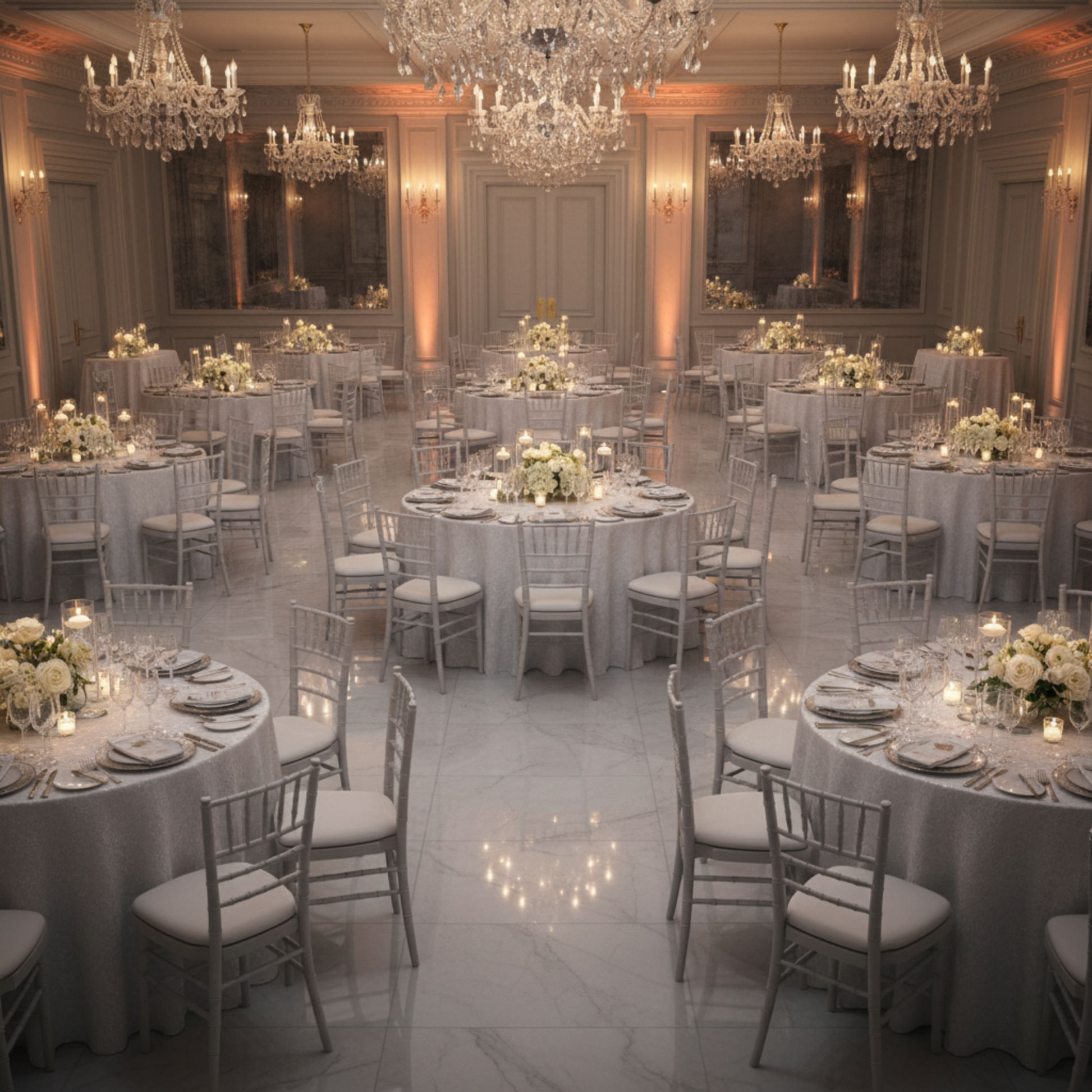 White 12 Round Crinkle Shimmer Tablecloth – Indoor Ballroom