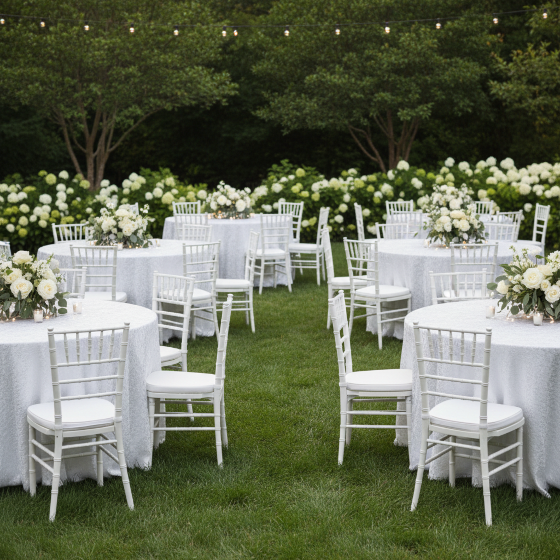 White 120 Round Crinkle Shimmer Tablecloth – Outdoor Wedding