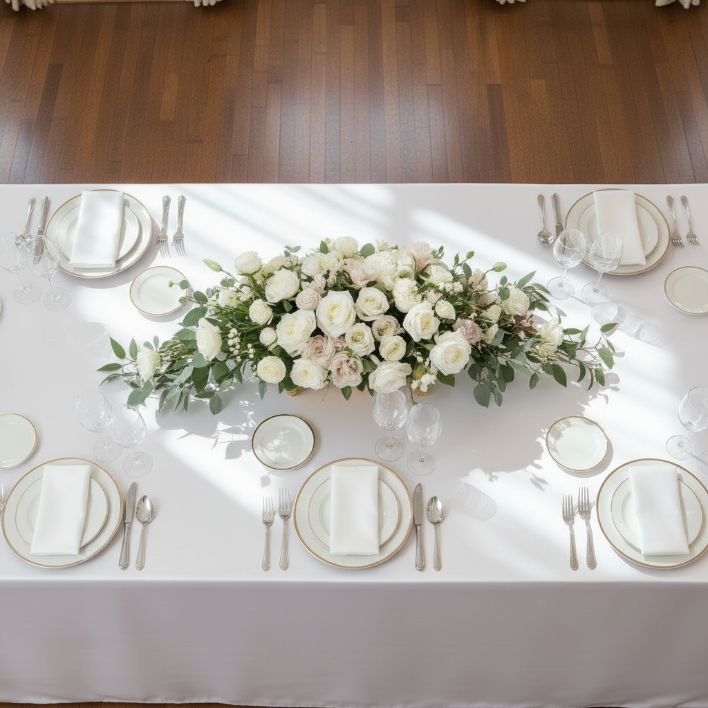 White 90x132 Rectangular Satin Tablecloth Indoor Reception
