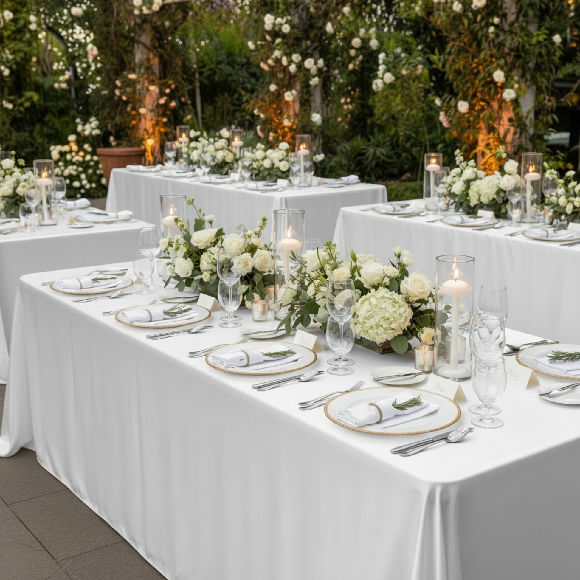 White 90x132 Rectnagular Satin Tablecloth Outdoor Reception