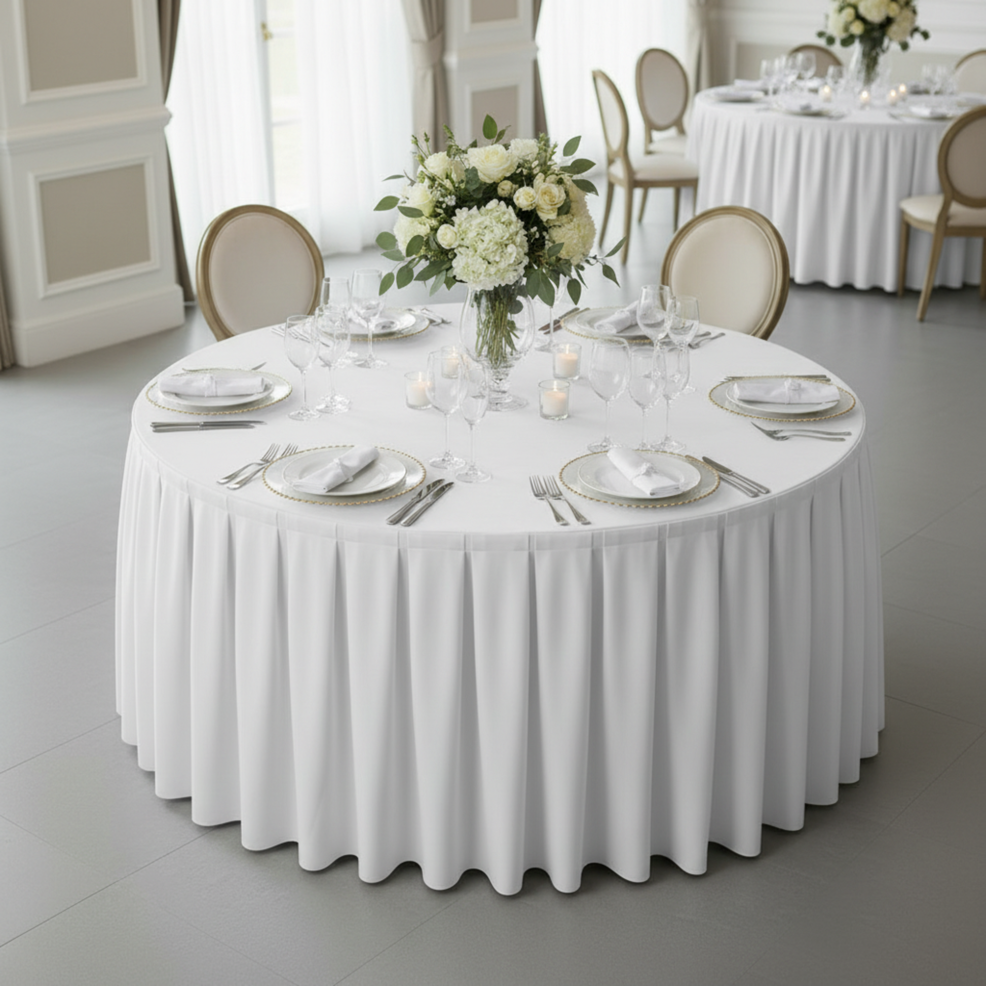 White Polyester Table Skirt - Close-Up Bird's Eye View