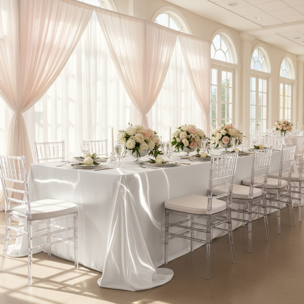 Wedding reception with the White Premium Satin Wrinkle-Resistannt Rectangular Tablecloth, blush sheer drapes and white charger plates