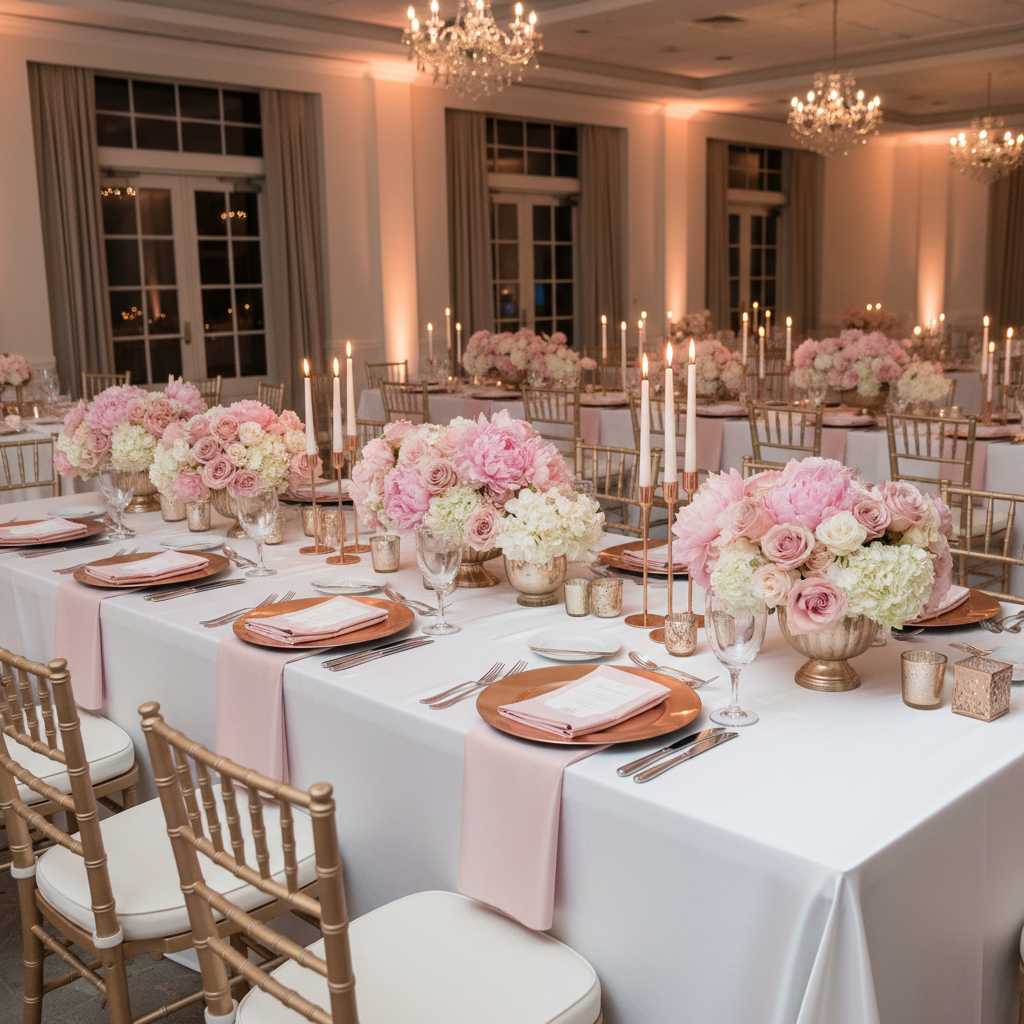 Blush/Rose Gold wedding with the White Premium Satin Wrinkle-Resistant Rectangular Tablecloth