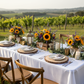 Rustic outdoor wedding with the white premium satin wrinkle resistant rectangular tablecloth