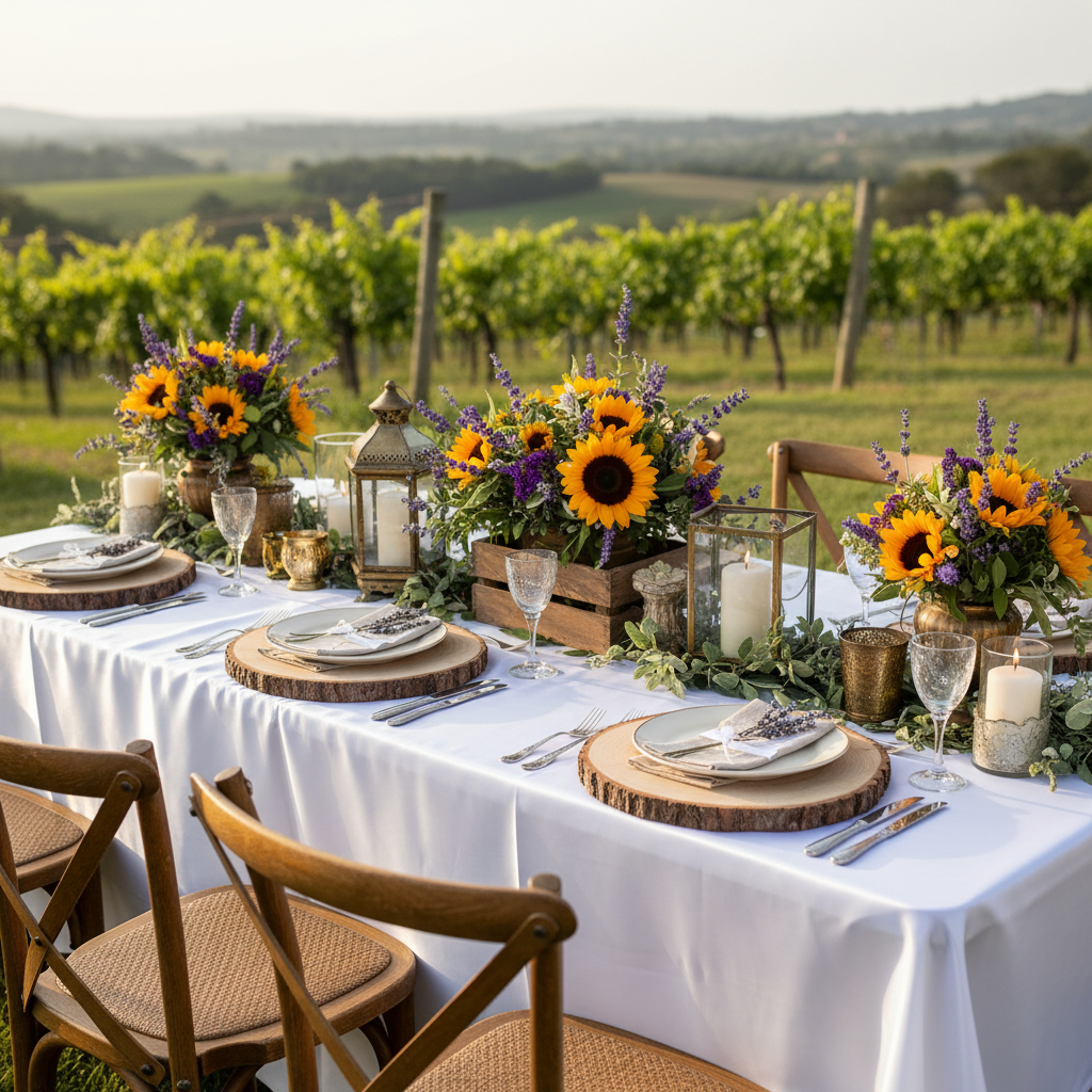 Rustic outdoor wedding with the white premium satin wrinkle resistant rectangular tablecloth