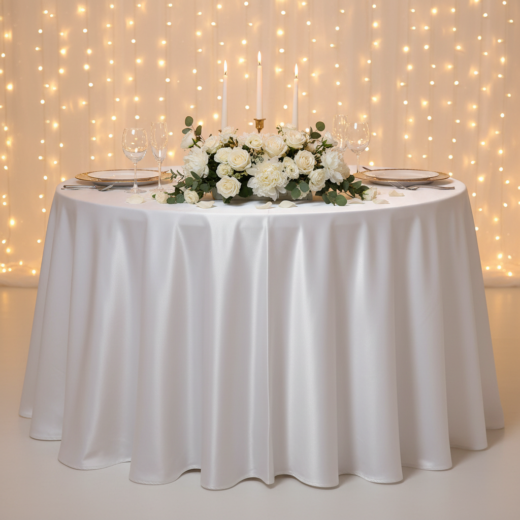 White Satin 132" Round Tablecloth - Full View