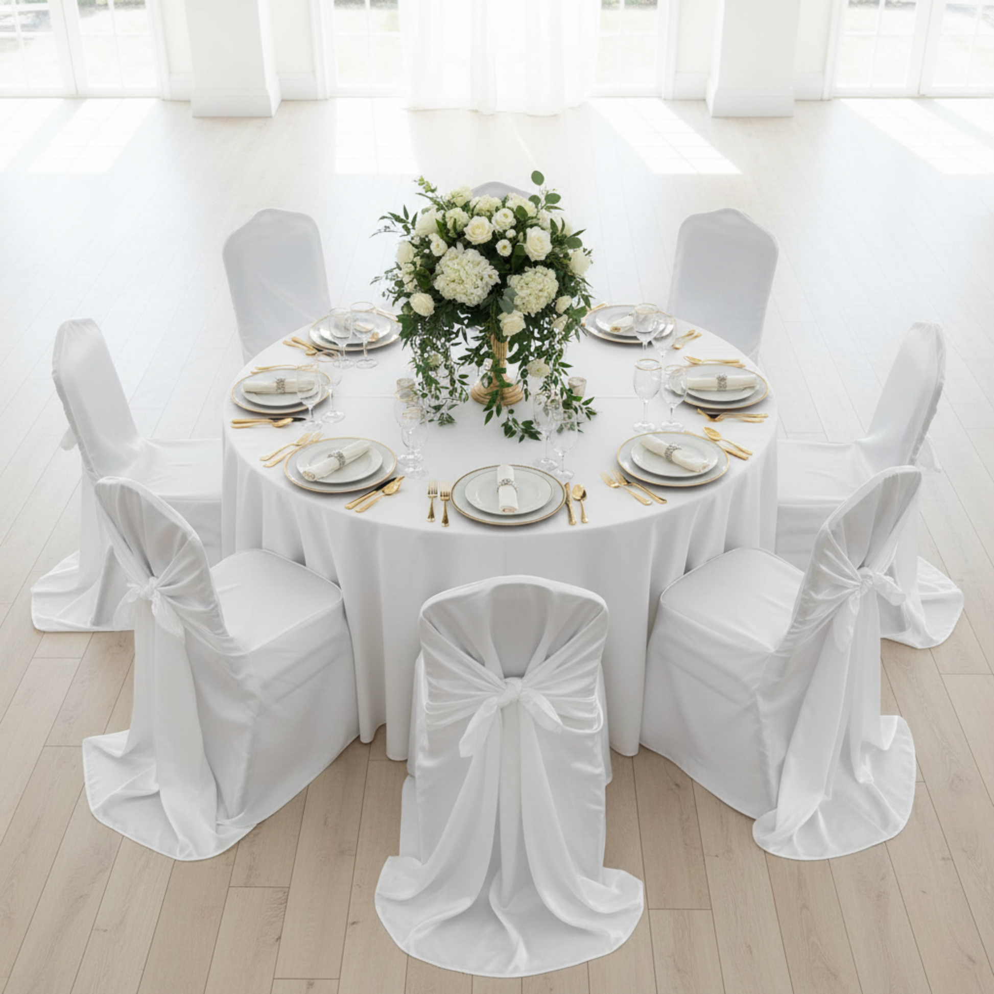 White Satin Chair Cover - Bright Bird's Eye View