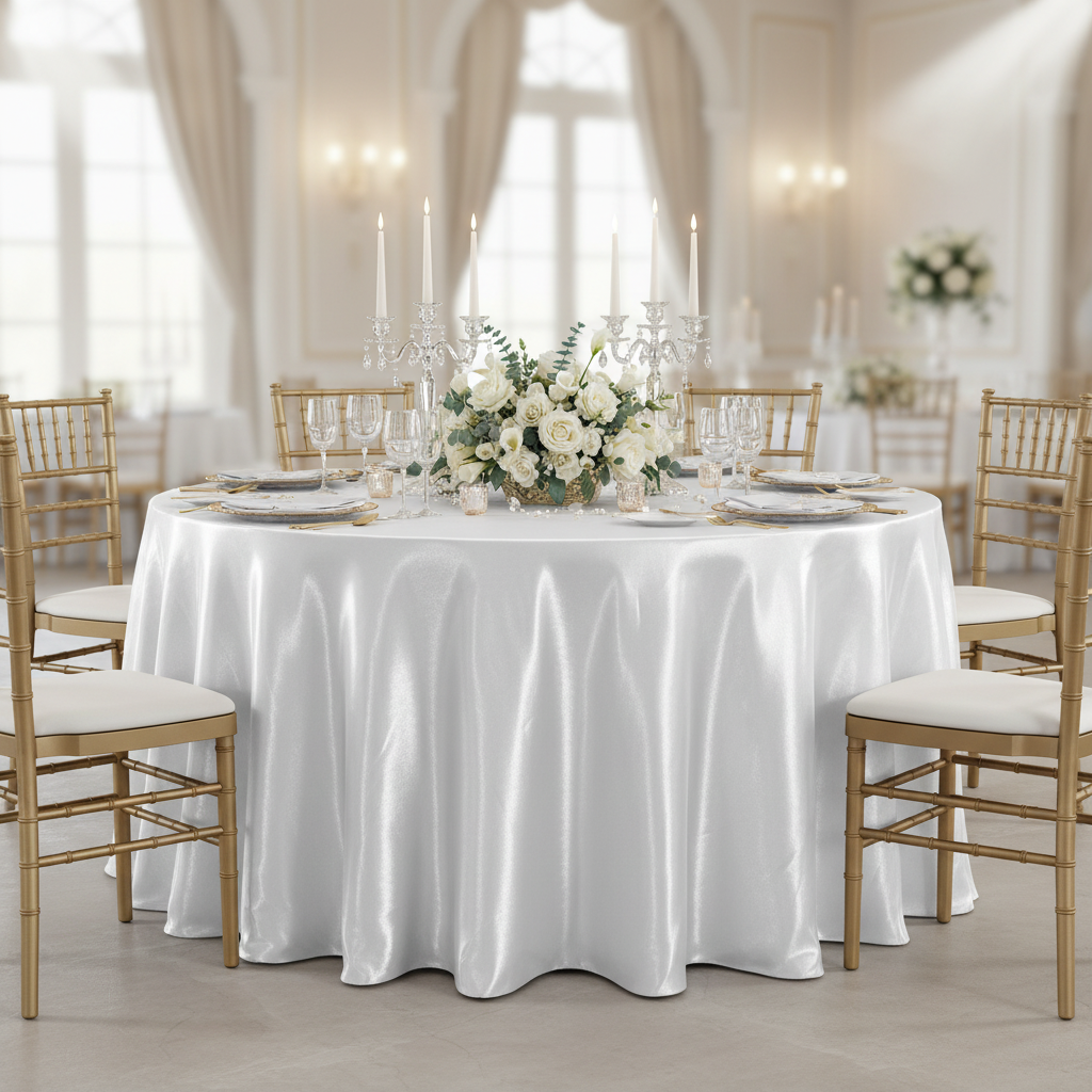 White Satin Round Tablecloth with Gold Chairs