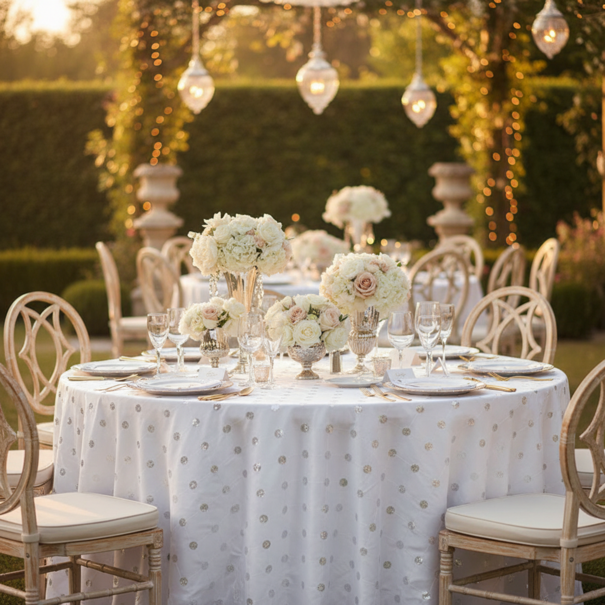White 120 Round Sequin Embroidery Taffeta Tablecloth Outdoor Wedding