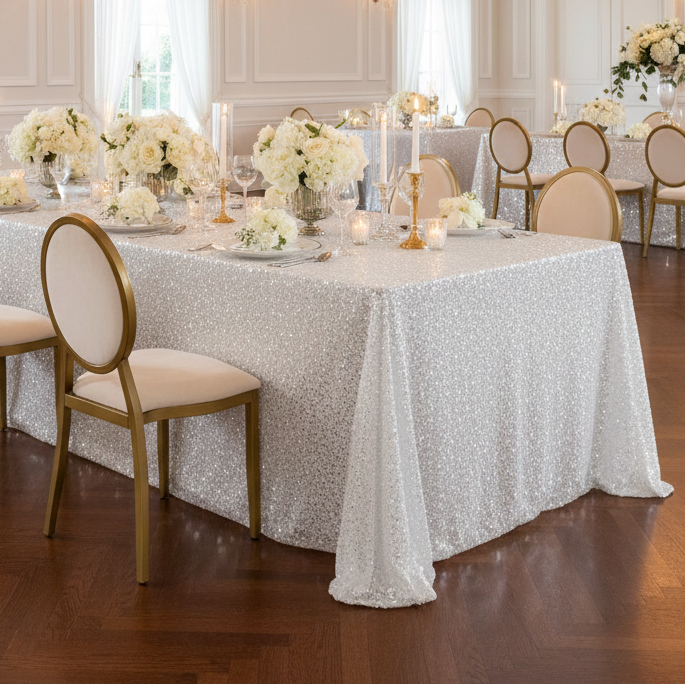 White Sequin Rectangular Tablecloth Indoor Wedding 