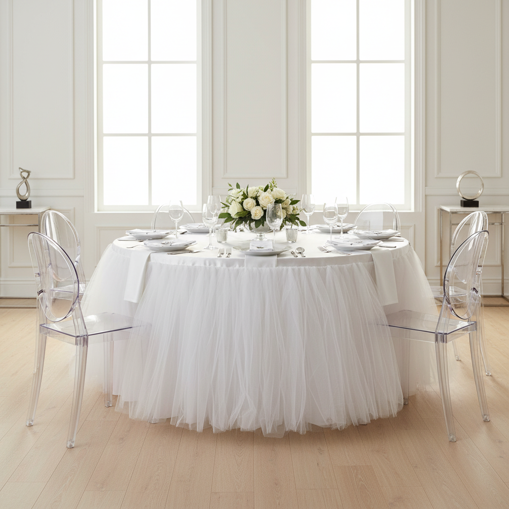 Tulle Tutu 17ft Table Skirt - White.