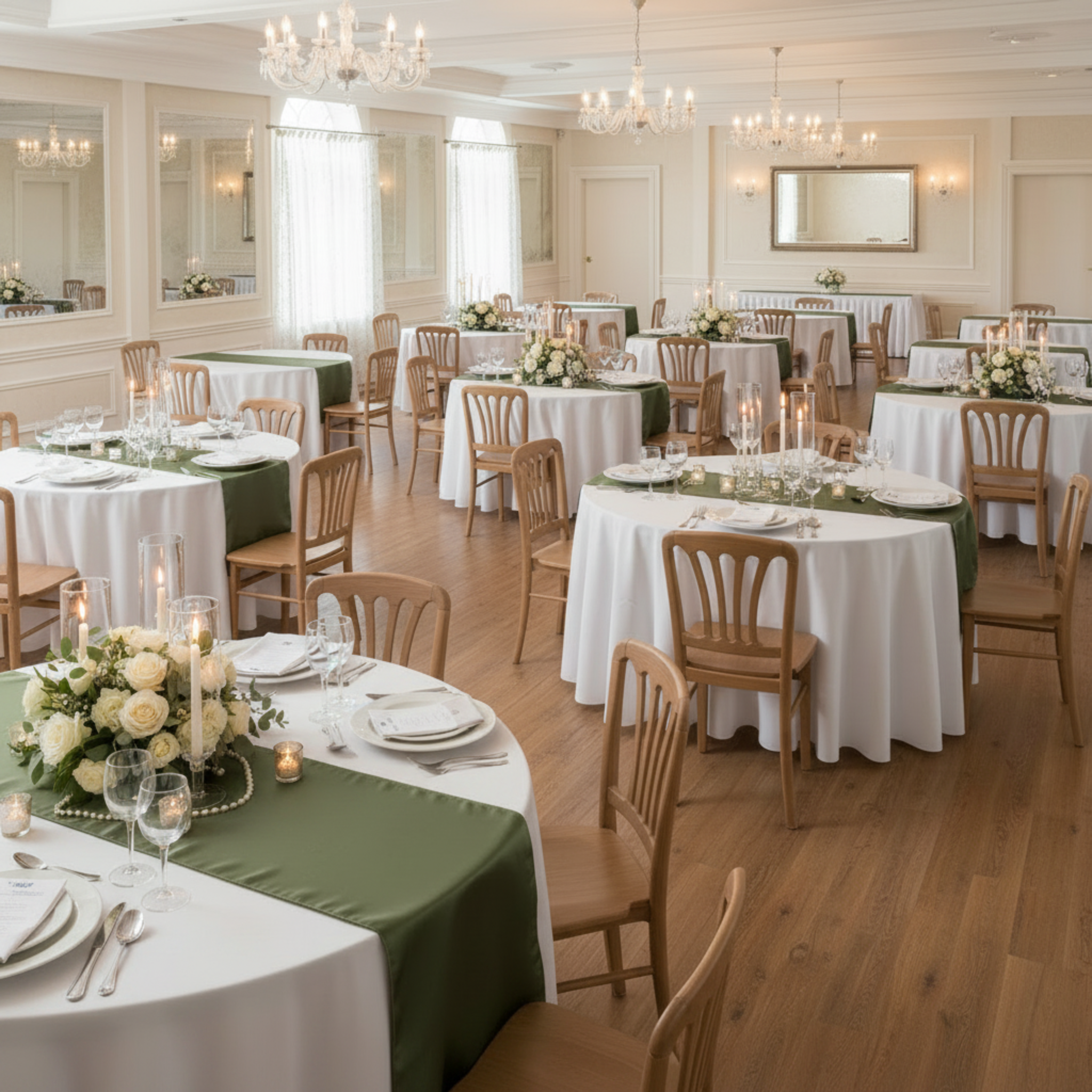Wide event view with willow green satin table runners and table displays