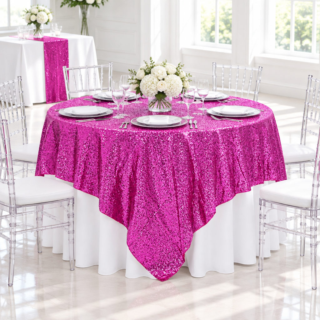 Glitz Sequin Table Overlay Topper 90"x90" Square - Fuchsia.