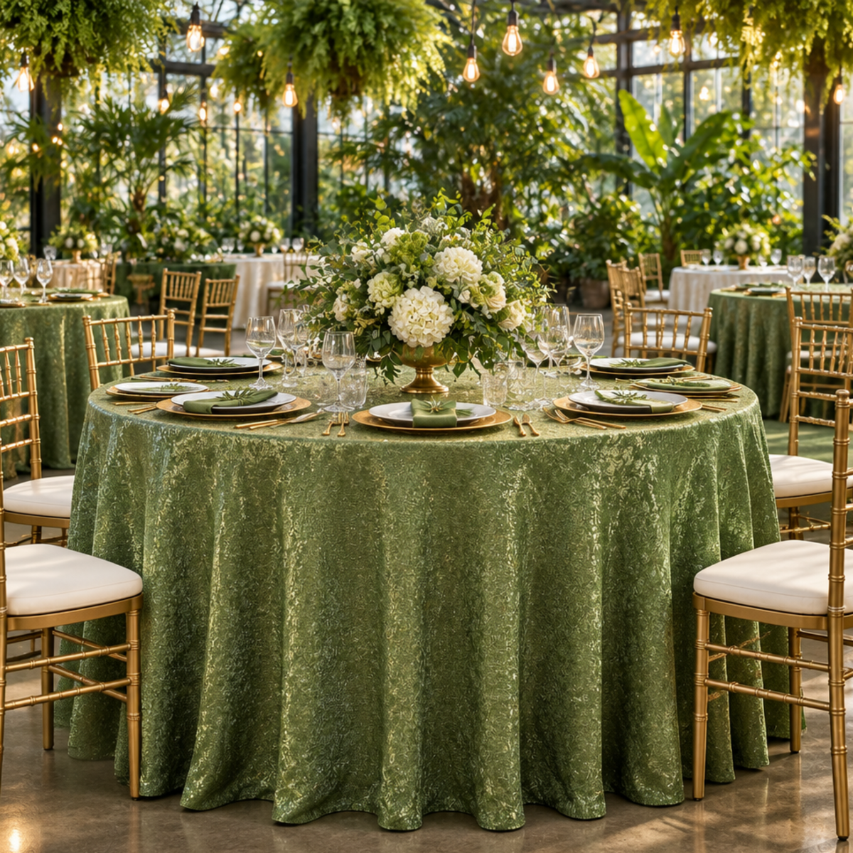 Willow Green tablecloth in a botanical greenhouse dinner setting
