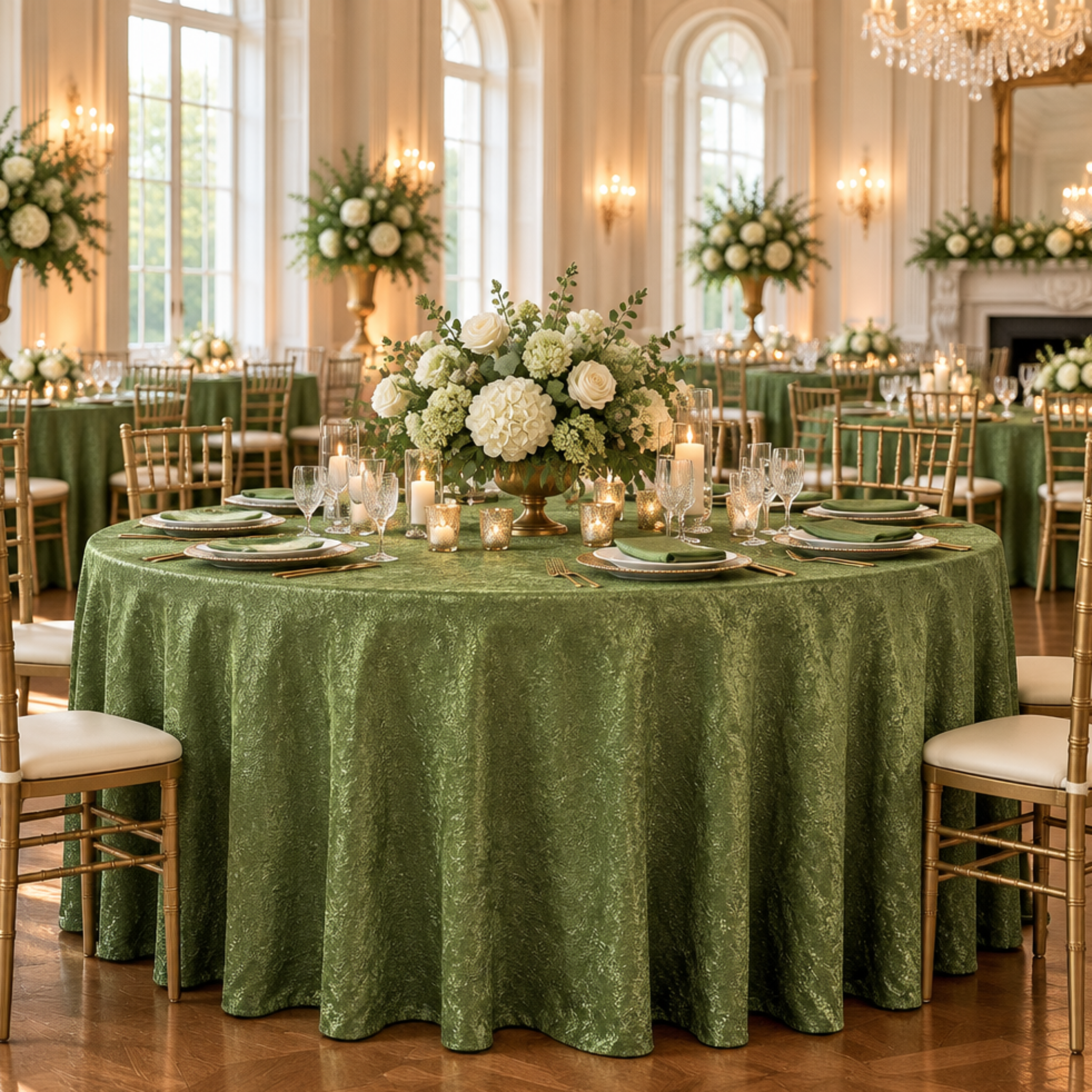 Willow Green tablecloth at an indoor ballroom reception