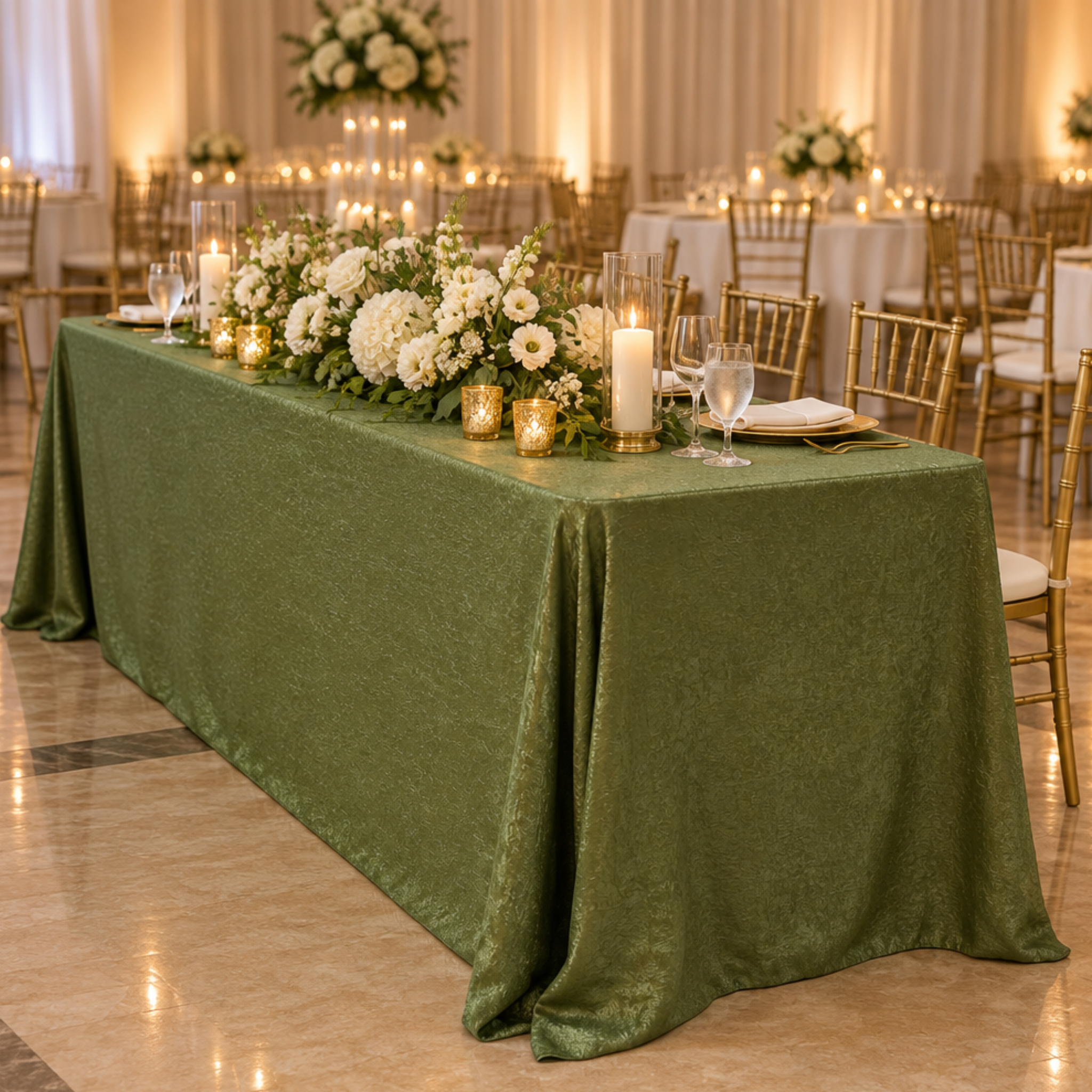 Willow green crinkle shimmer tablecloth in an indoor ballroom