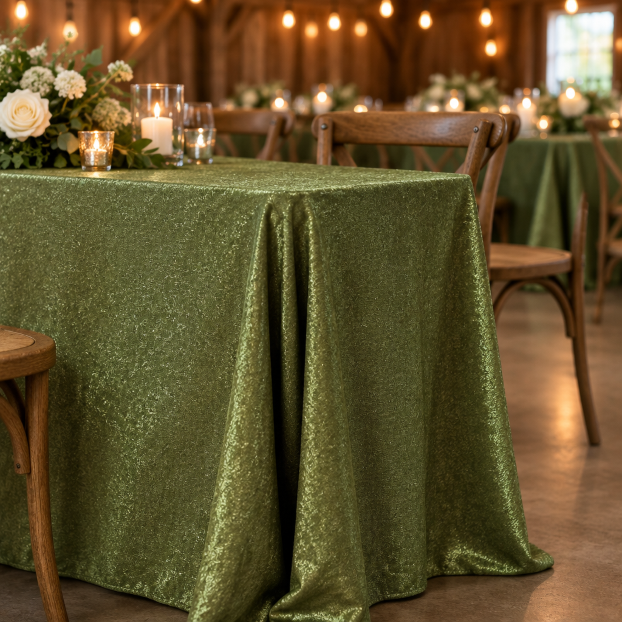 Close-up of the Willow Green tablecloth corner in a barn wedding